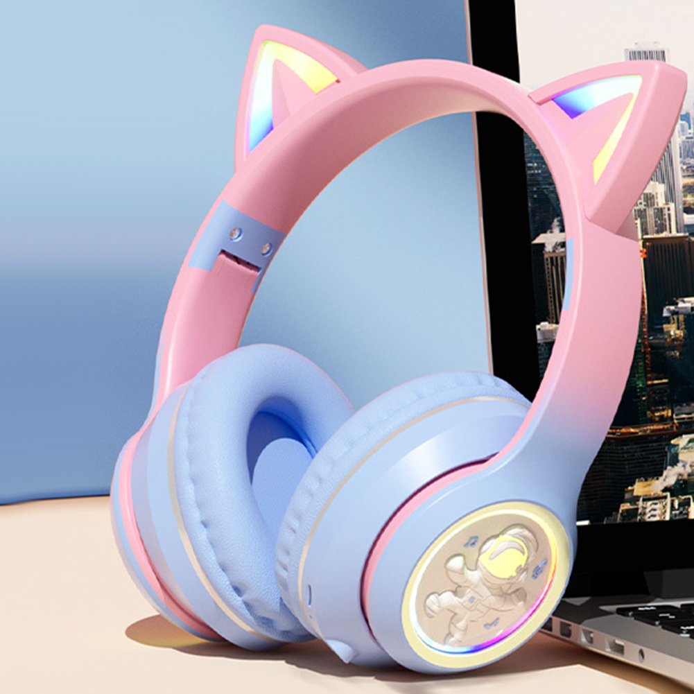 Wireless Headset Noise Canceling Stereo HiFi Headphones Over Ear Lighting Cat Ears Earphones Ultra Long Playtime Headset purple