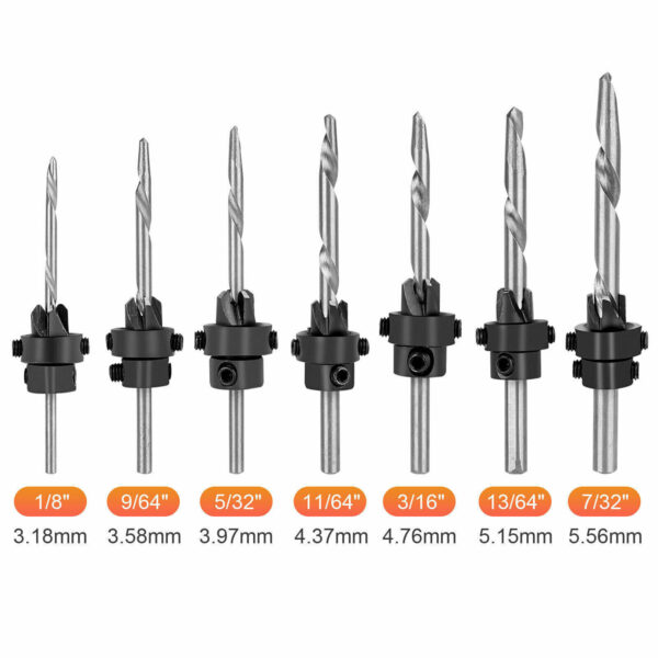 7Pcs Countersink Drill Bit Set, Heat-treated Steel, 1/8 Inch, 9/64 Inch, 5/32 Inch, 11/64 Inch, 3/16 Inch, 13/64 Inch, 7/32 Inch Chamfered Adjustable Drilling Tool Kit For Woodworking 7pcs with wrench