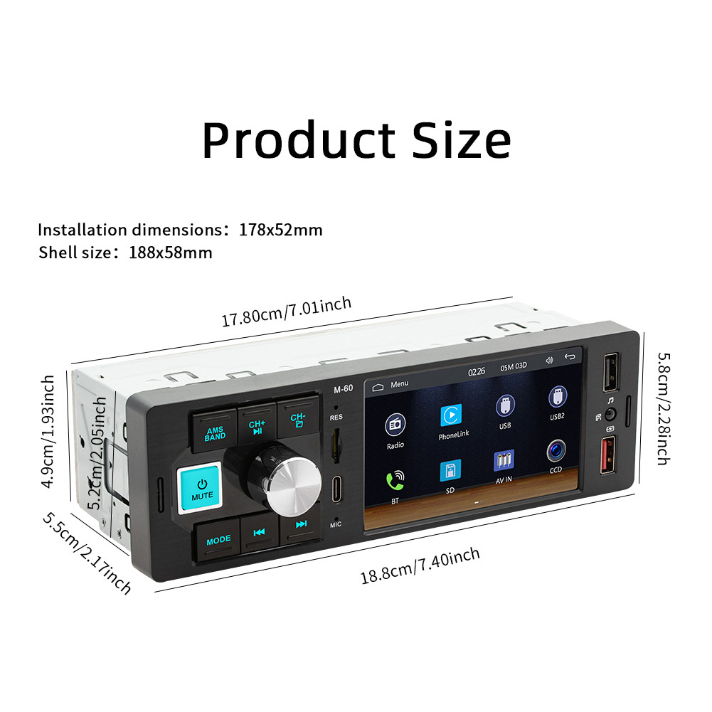 FM60 Single Din Car Stereo Radio Compatible For Ios Car Interaction System/Android Auto 4.1"" Screen Supports FM/MP5/TF/AUX/USB/Quick Charging black