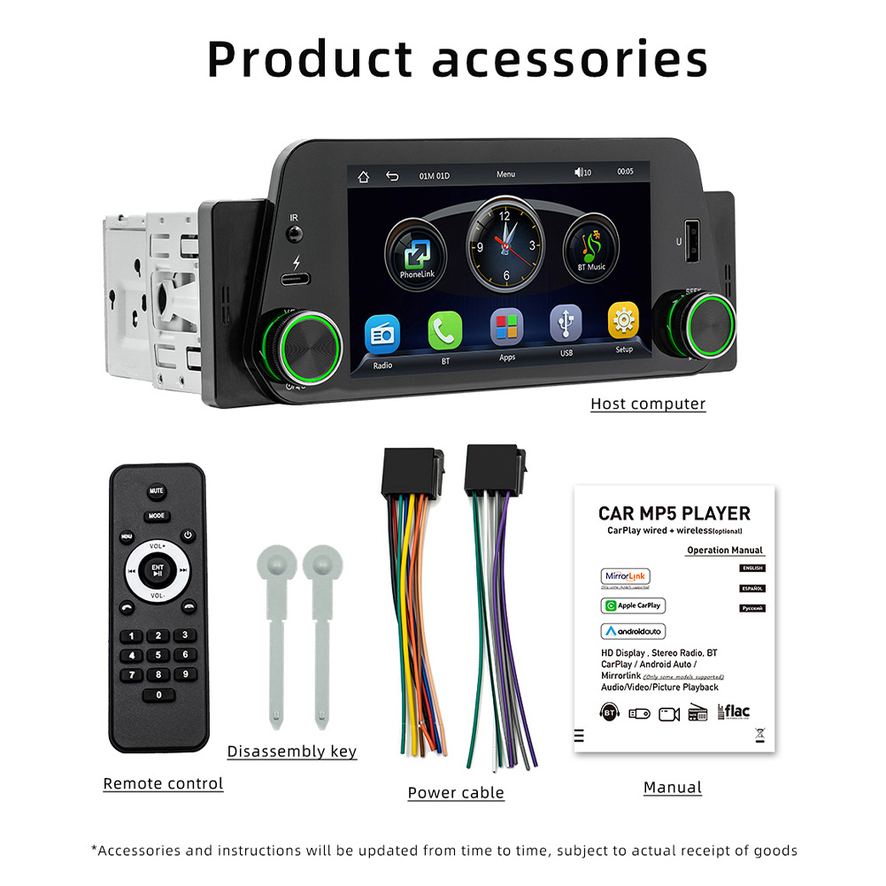 Single Din Car Stereo Radio Compatible For Ios Car Interaction System/Android Auto Supports FM Audio Receiver MP5 Player USB Flash Drive Quick Charging F152W (wireless)
