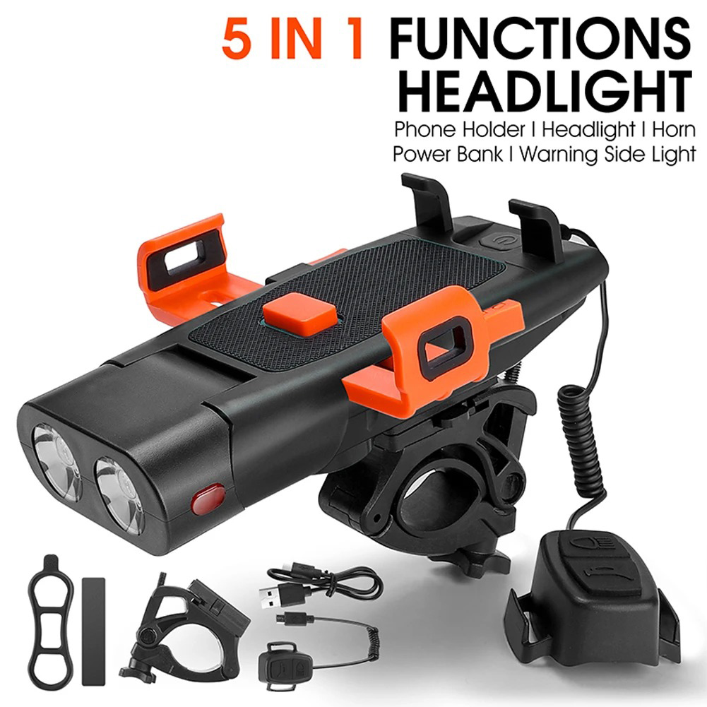5 In 1 Multifunctional Bicycle Head Light, Bicycle Front Light, Horns, Mobilephone Holder, Recharge Pal, Warming Light Design With 3000mAh Lithium Battery For Cycling A Yaoyehei