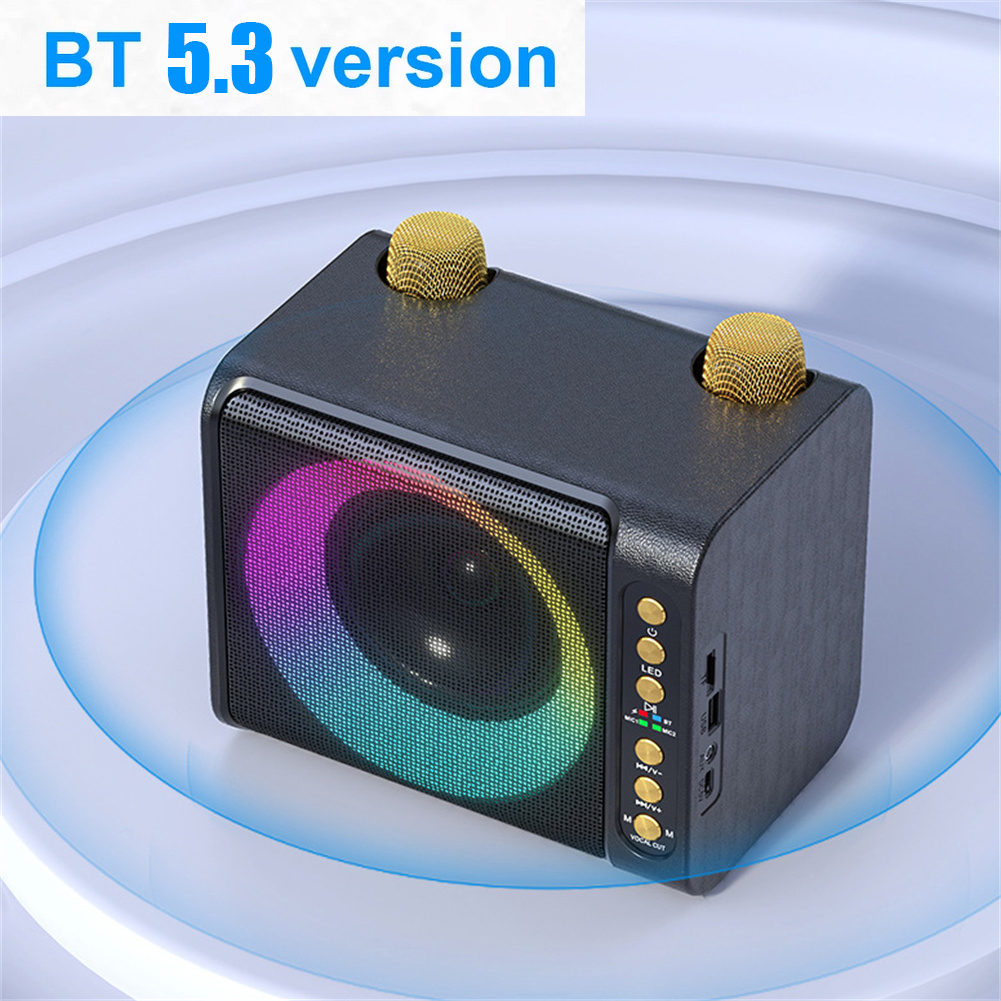 T203 Karaoke Machine With 2 Microphones TF Card U Disk Player Portable Speaker Studio Subwoofer For Outdoor Party Meeting black