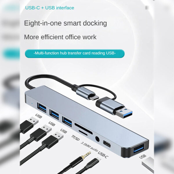 8 In 1 USB C Hub Multiport USB 3.0 Expander With Cable Portable Data Adapter Card Reader For Laptop PC Printer Flash Drive grey