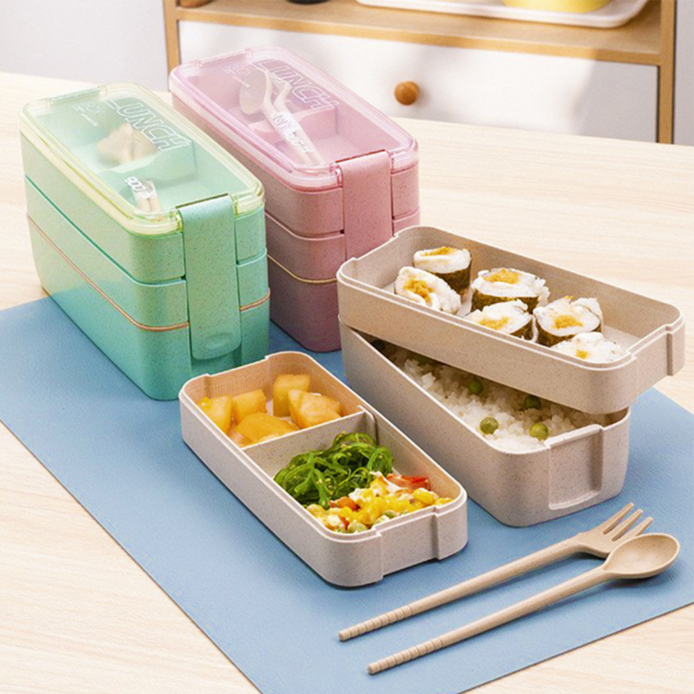 Stackable Bento Box 3 Layer Lunch Box With Fork And Spoon 3 Grid Design Detachable Compartment Tray Rectangular Lunch Box Kit For Boys Girls Children 3-layer suit-green