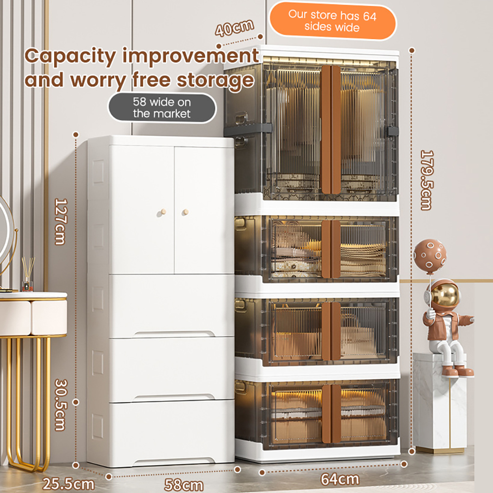 Collapsible Closet Organizer Home Storage Essentials, Stackable Storage Box With Wheels, Folding Dorm Storage Bins With Lids And Door. For Home Bedroom Office titanium gray white