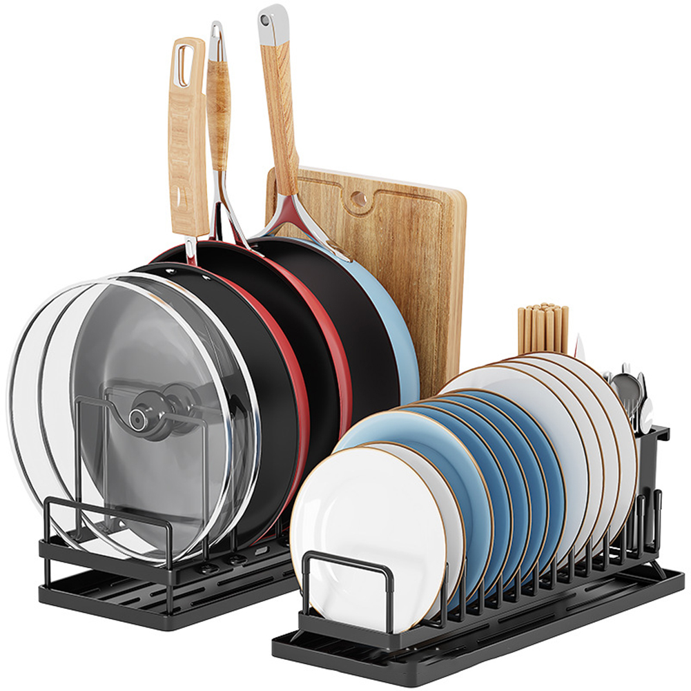 Multifunctional Carbon Steel Dish Drying Rack Set Of 2 Space Saving Plate Organizer Dish Drying Rack Pots Pans Storage Rack Lid Organizer Adjustable Rack For Kitchen Sink Set of 2 black