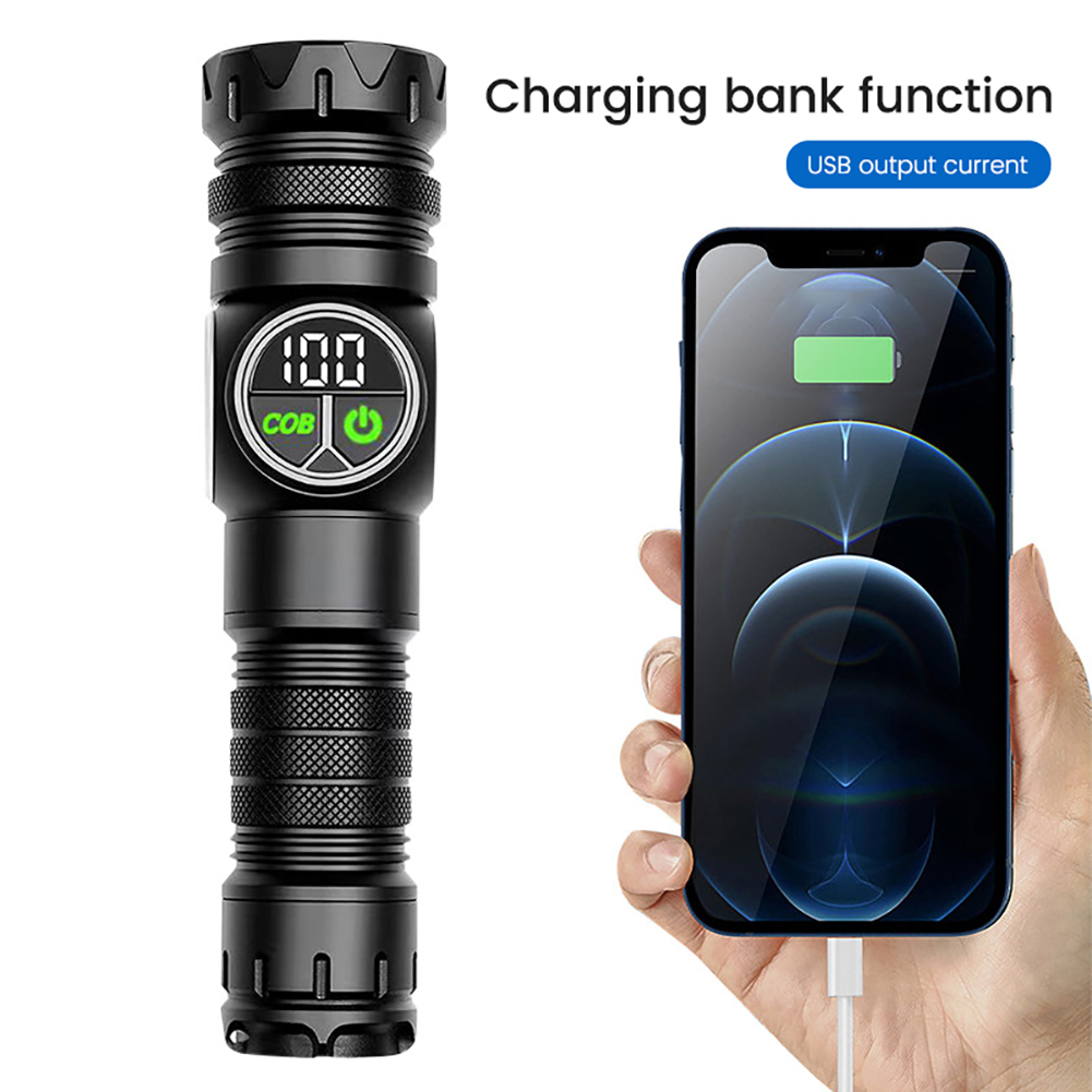 LED Torch, Digital Display USB Rechargeable Flashlight, 250000 Lumens Brightest Torch With COB Side Light Mode, 5 Lighting Modes Telescopic Zoom Flashlight Contains 3000 mAh battery