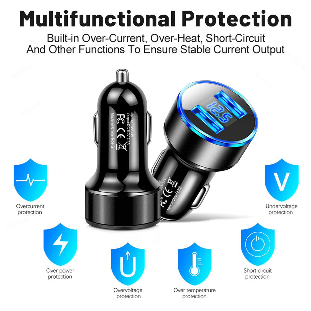 Car Charger Dual Port USB Fast Charging Adapter For Mobile Phones Tablets LED Display Circuit Protection 12V/24V Universal For Most Vehicles black