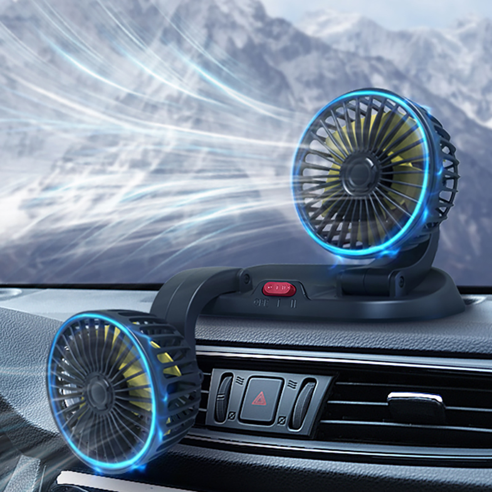 Portable Car Cooling Fan, 360 Degree Rotatable Dual Head Fan With 2 Speed, 360 Degree Rotatable Vehicle Fan For Sedan SUV RV Boat Auto Golf Carts 12V